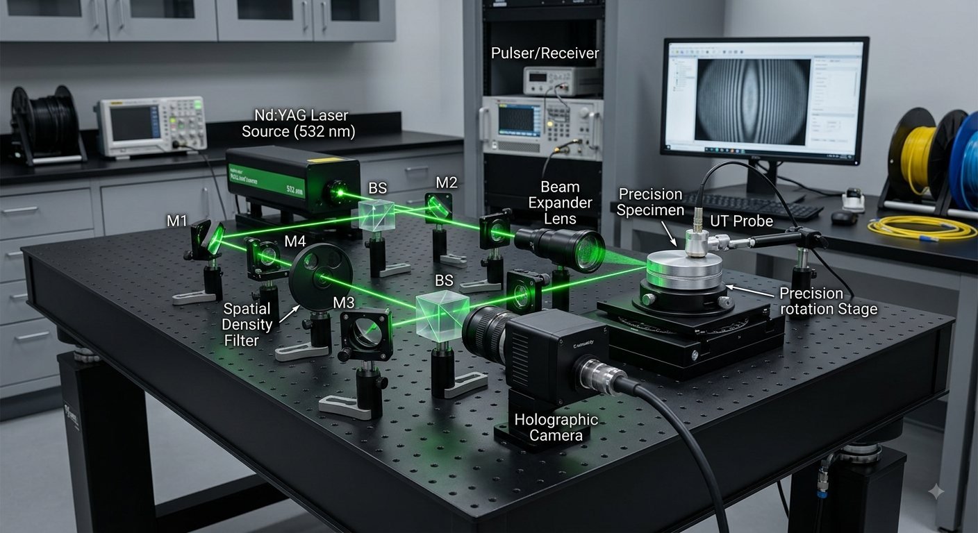Digital holography optical bench with Nd:YAG laser, beam splitters, and holographic camera